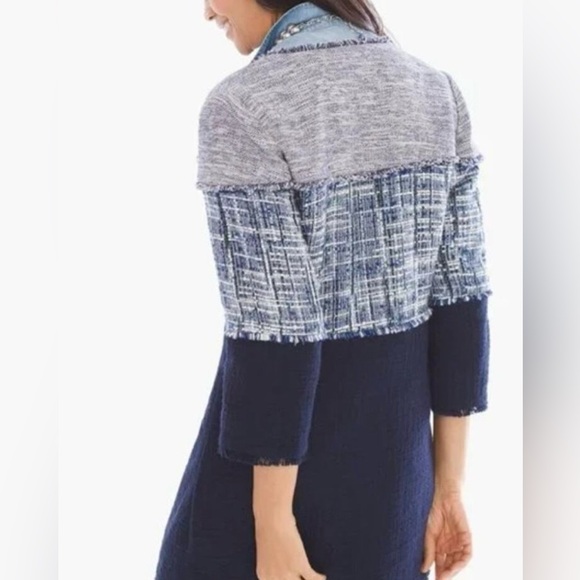 CHICO'S Tweed Longline Frayed Jacket Navy Blue Colorblock Size 0 (US 4/6 Small) - Picture 2 of 16